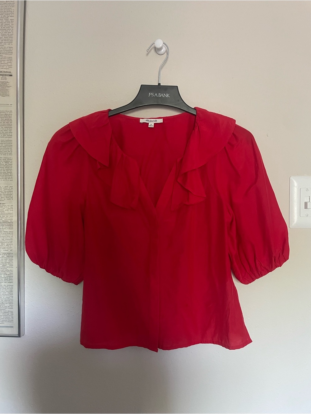 Madewell Red Ruffle-Neck Puff Sleeve Blouse - Picture 2 of 5